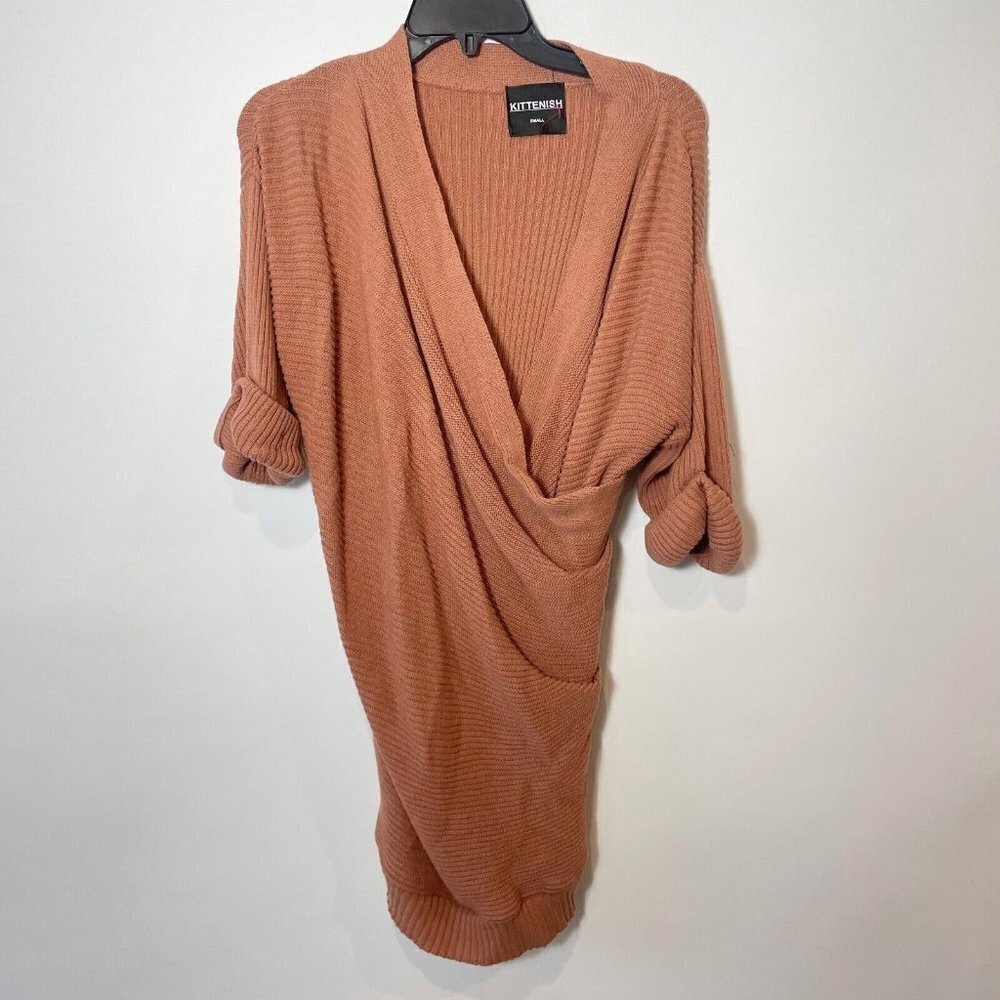 Kittenish Wrap Sweater Dress Beige S Cuffed Half Sleeve Ribbed Stretch Knitted